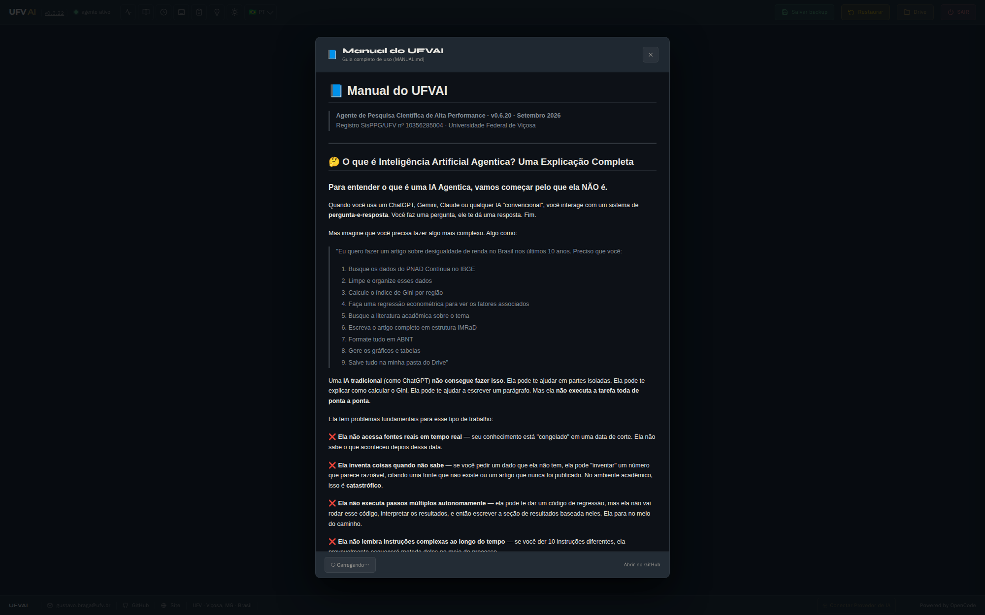 Manual do UFVAI aberto na interface